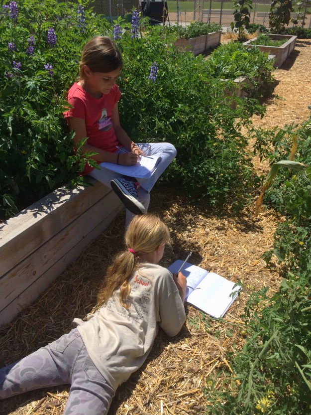 girls writing in the garden