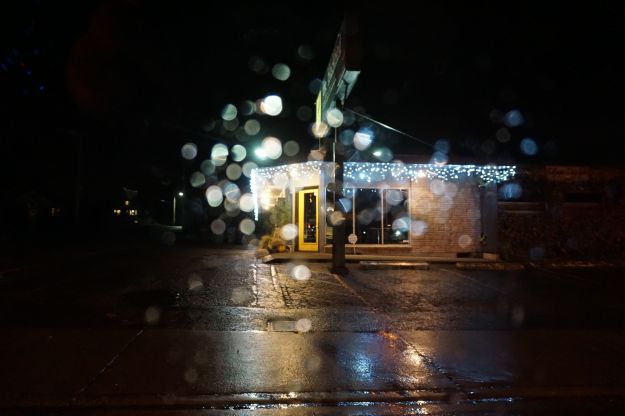 coffee shop through raindrops